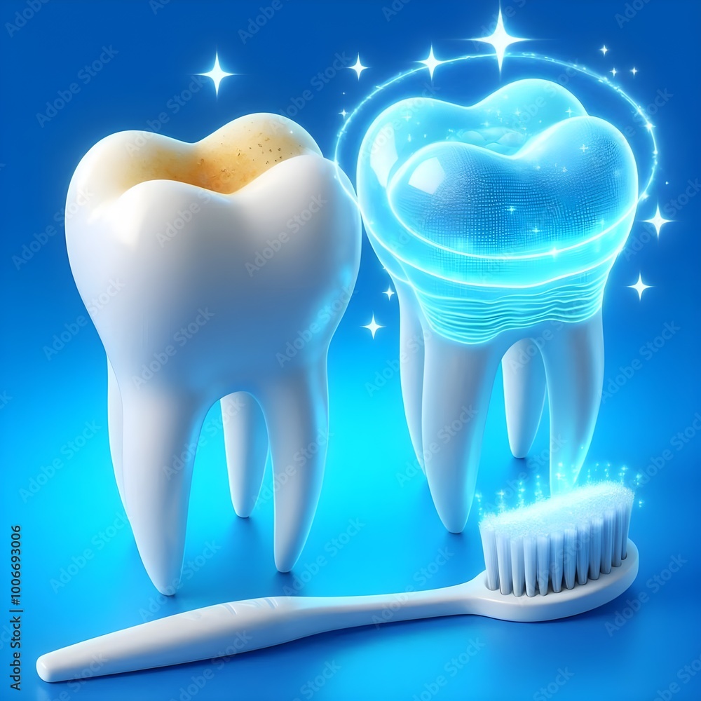 Teeth whitening. Tooth with tartar and after ray whitening. Blue background. 3d render Teeth whitening. Tooth with tartar and after ray whitening. Blue background. 3d render