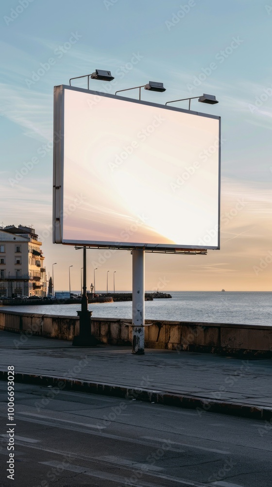 A large billboard is on a city street next to a body of water A large billboard is on a city street next to a body of water