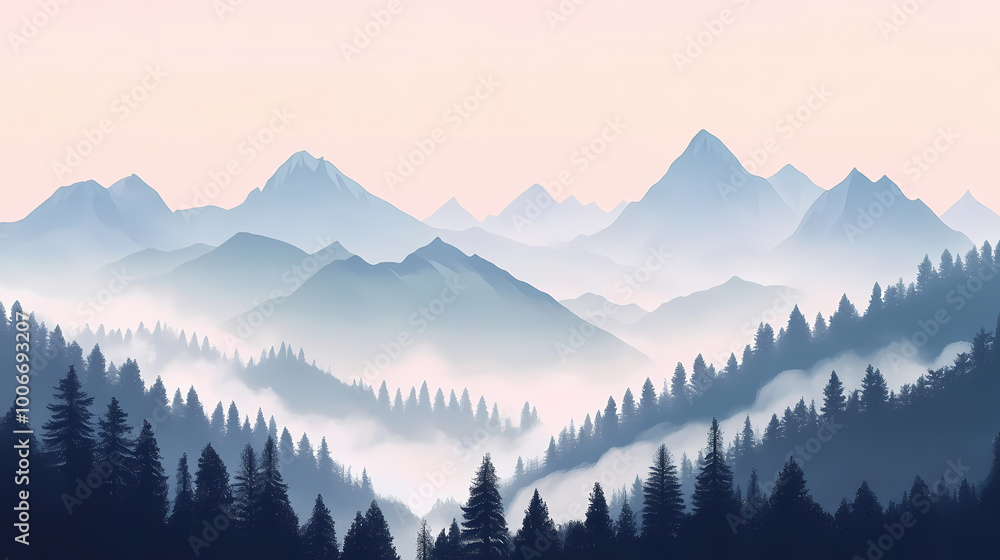 Obraz premium Misty morning in the mountains. Mountain Peak. Illustration