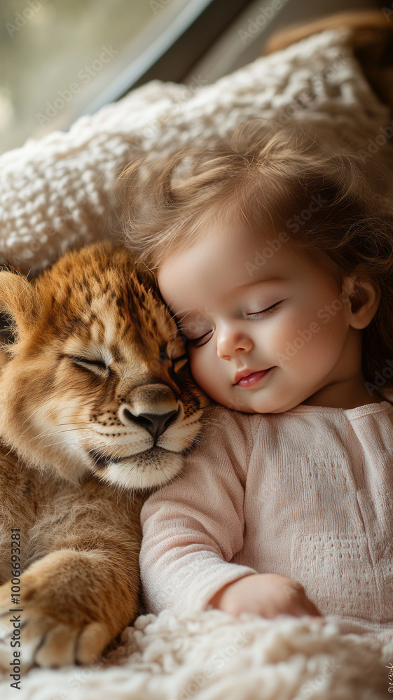 a newborn baby girl lying on a soft, pastel-colored blanket, with a small lion cub gently resting beside her. a newborn baby girl lying on a soft, pastel-colored blanket, with a small lion cub gently resting beside her.