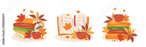 Books, cup coffee or tea with autumn leaves. Set of reading elements for  bookshop, library, bookstore or education. Vector illustration on white background