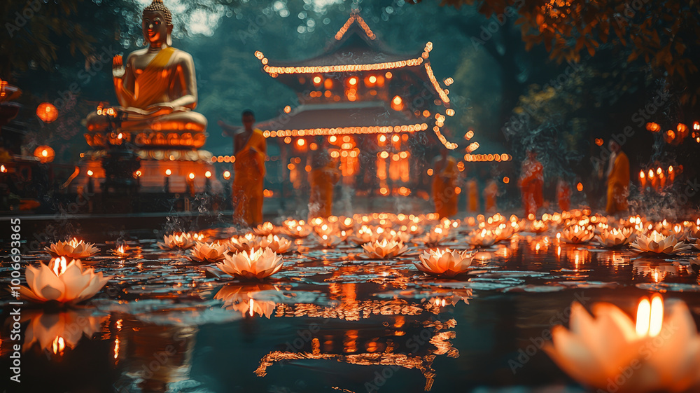 Fototapeta premium A peaceful scene at a Thai temple on Visakha Bucha Day, with monks walking in procession and devotees offering lotus flowers and incense.