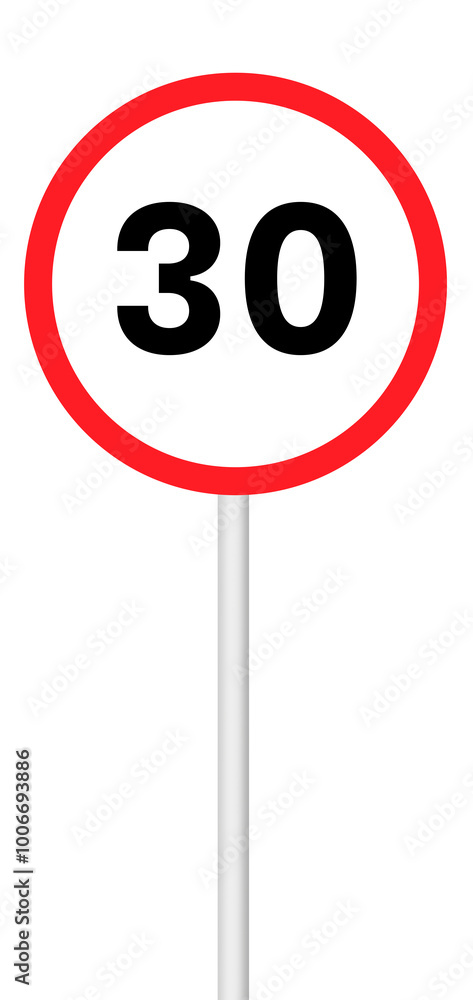 Speed limit sign 30 on a blank background with a white pole. Suitable for traffic regulation, road safety, or signage projects. Speed limit sign 30 on a blank background with a white pole. Suitable for traffic regulation, road safety, or signage projects.