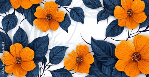 Wallpaper Mural Floral Design with Vibrant Orange Flowers and Leaves Torontodigital.ca