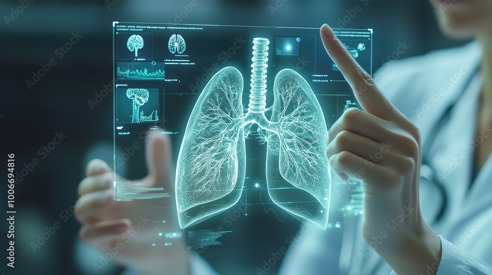 Person hands and medical X-ray of lungs for asthma, cancer or ...