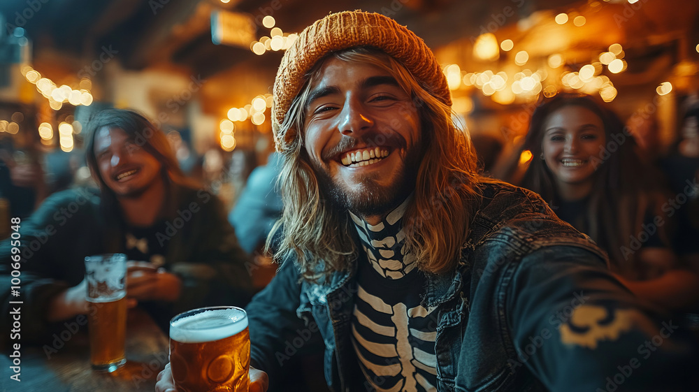 a guy wearing a skeleton costume drinking beer with his friends at a halloween party a guy wearing a skeleton costume drinking beer with his friends at a halloween party