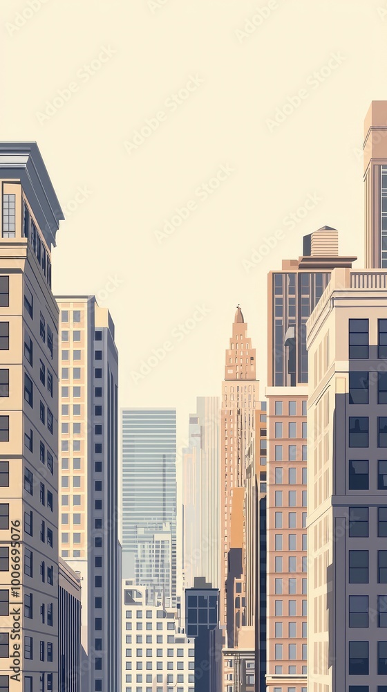 Fototapeta premium Stylized urban skyline featuring towering buildings and a clear sky, perfect for adding a modern touch to any project.