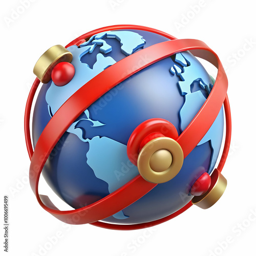 Vector Graphic of a Globe with Red Ribbon Paths Connecting Regions, Showcasing Global Unity - Rotating Camera Concept for Photo Stock