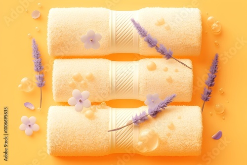 Fluffy Organic Cotton Towels Sprinkled with Delicate Lavender Blooms in Whimsical 3D