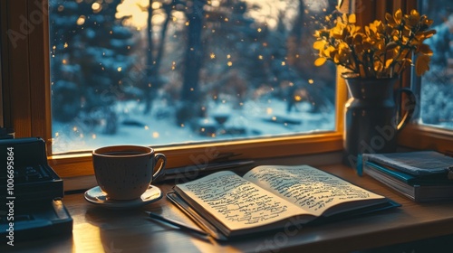 A calm, reflective scene with a journal, a cup of coffee or tea, and an open page with written New Years resolutions. The setting could be a cozy, minimalist desk by a window overlooking a snowy 