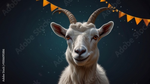 A goat stands against a dark background, adorned with orange flags, evoking a Halloween atmosphere.