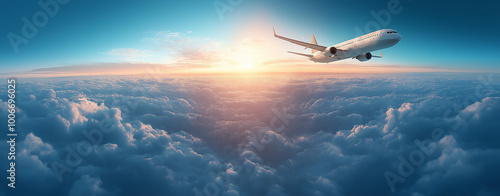 Wide angle shot of a passenger plane flying above the clouds and a clear sky, shot in high resolution ,soft style.