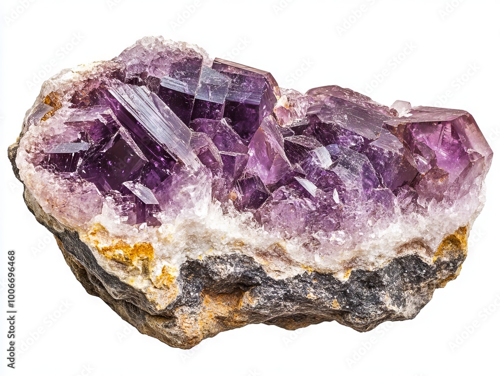 A cluster of amethyst crystals on a white background A cluster of amethyst crystals on a white background