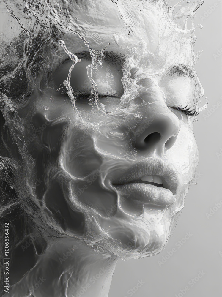 A black-and-white water splash in the shape of a woman's face, A black-and-white water splash in the shape of a woman's face,