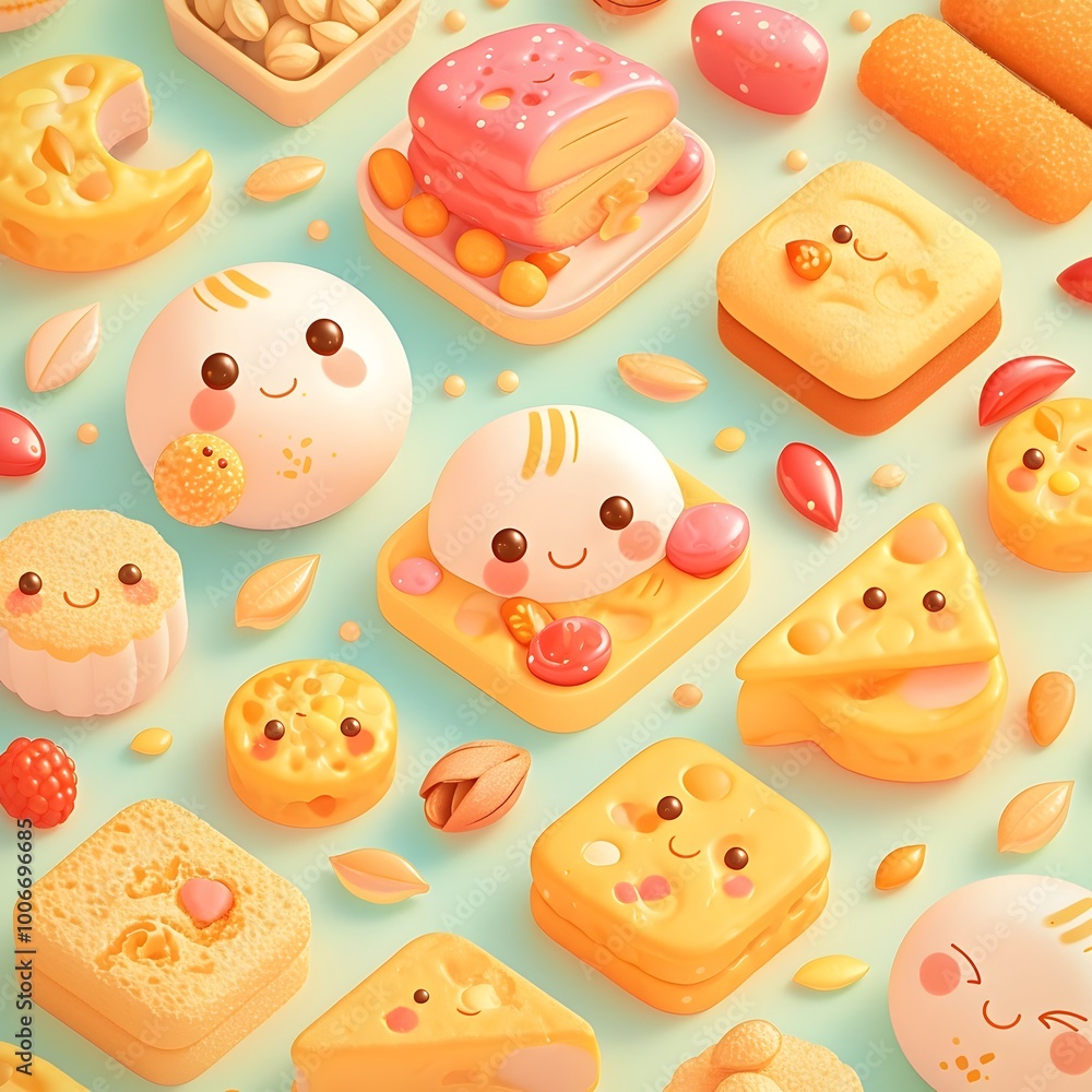Charming Assortment of Kawaii Style Energy Snacks in Playful 3D Charming Assortment of Kawaii Style Energy Snacks in Playful 3D