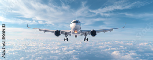 Wide angle shot of a passenger plane flying above the clouds and a clear sky, shot in high resolution ,soft style.