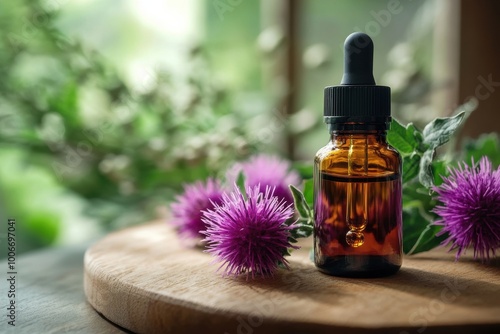 macro shot of milk thistle extract in a dropper bottle, illustrating a herbal detox solution with room for text