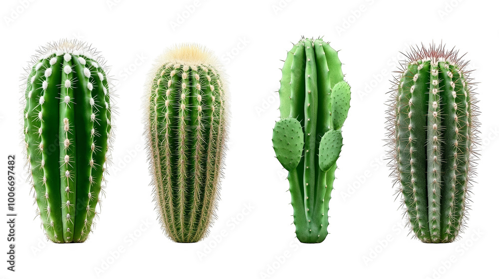 Four green cactus plants with spines and white fur isolated on a transparent background Four green cactus plants with spines and white fur isolated on a transparent background