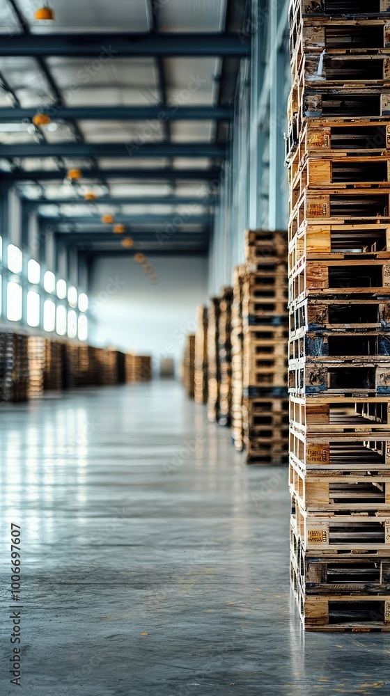 Warehouse interior featuring organized wooden pallets in a spacious and well-lit environment, ideal for logistics and storage. Warehouse interior featuring organized wooden pallets in a spacious and well-lit environment, ideal for logistics and storage.