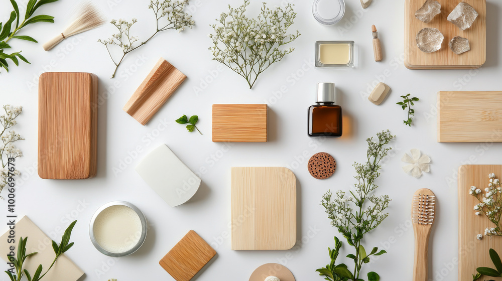 Creative flat lay composition with niche products, white background, well-arranged, top-down perspective Creative flat lay composition with niche products, white background, well-arranged, top-down perspective