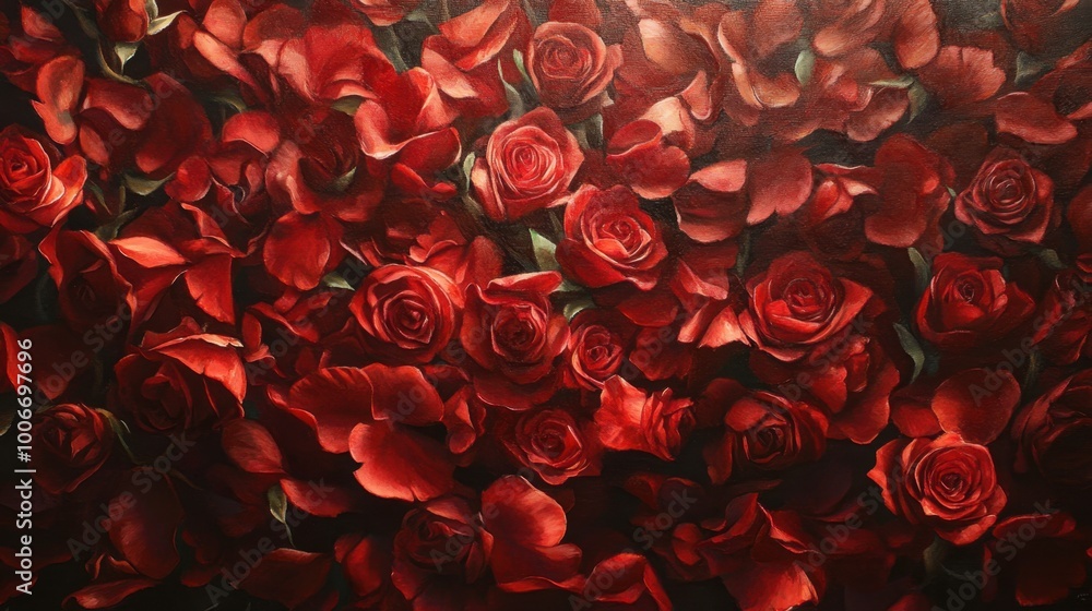 Red roses spread across a backdrop, petals full of life and texture, forming a romantic scene when viewed from above. Realistic, very detailed Red roses spread across a backdrop, petals full of life and texture, forming a romantic scene when viewed from above. Realistic, very detailed