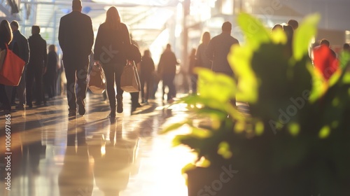 Busy shopping street with people and sunlight reflections photo