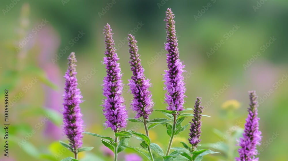 Obraz premium Purple false saw wort wildflower in a vibrant Israeli field, surrounded by greenery, with copy space and shallow depth of field.