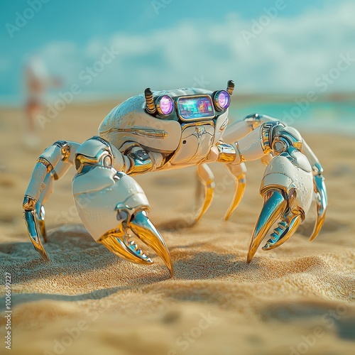 Futuristic Robotic Crab on Beach Sand