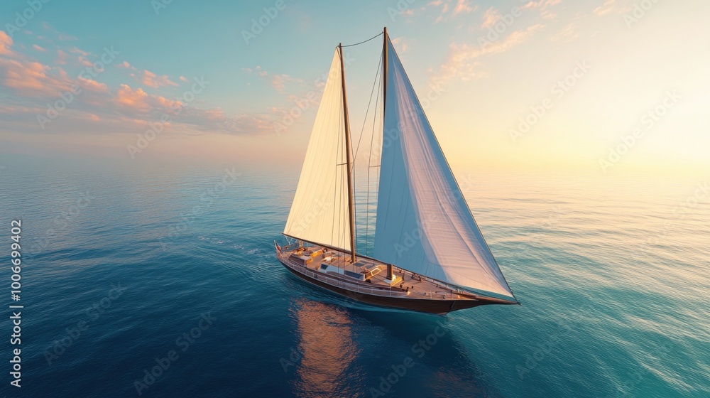 Fototapeta premium Sailing yacht with white sails billowing in golden light, gliding across turquoise waters under a cloudless sky. Realistic, highly detailed