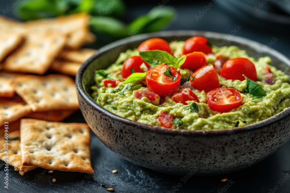 gourmet party snack idea guacamole dip with cherry tomatoes on golden-brown crackers perfect for any event gourmet party snack idea guacamole dip with cherry tomatoes on golden-brown crackers perfect for any event
