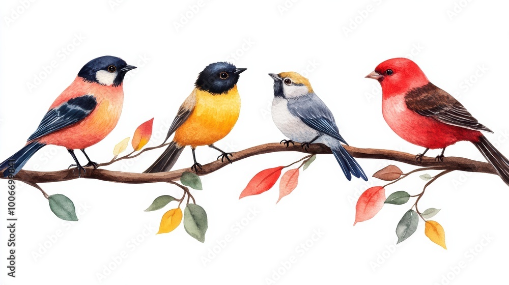 Obraz premium A vibrant illustration of four colorful birds perched on a branch, showcasing their unique feathers and autumn leaves in a serene setting.