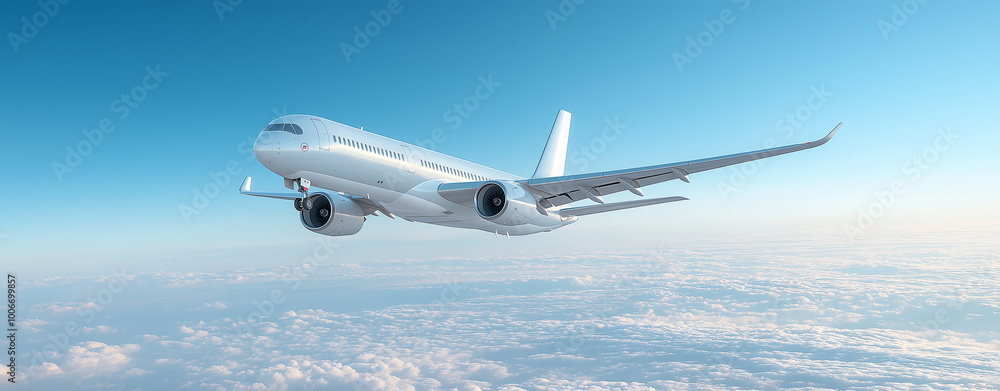 Wide angle shot of a passenger plane flying above the clouds and a ...