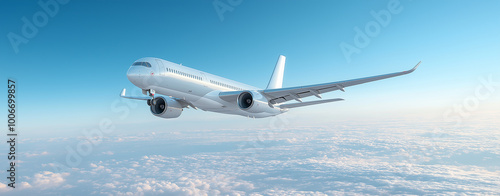 Wide angle shot of a passenger plane flying above the clouds and a clear sky, shot in high resolution ,soft style.