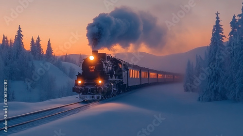 The Polar Express steams through a magical winter sunrise.