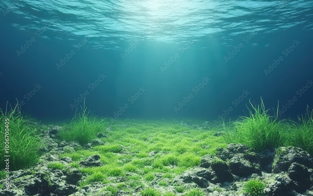 Fototapeta premium Beneath the surface, a serene underwater scene unfolds with vibrant grass and soft sunlight cascading through the water, creating a tranquil atmosphere.