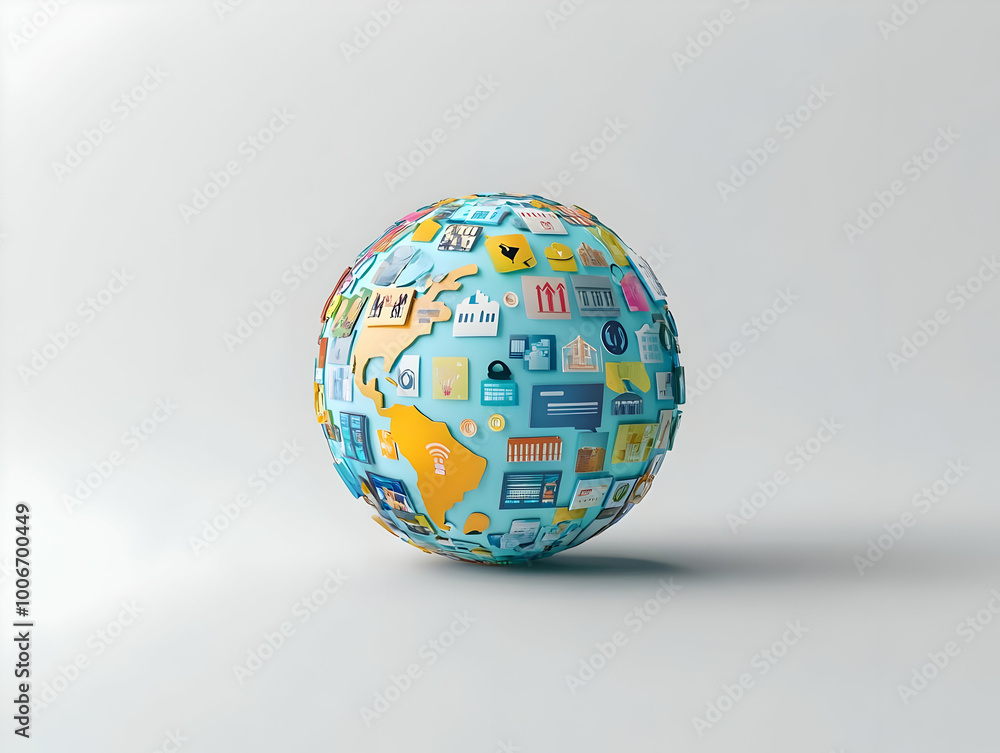 Flat Globe on White Surface with Holographic Community Icons and Growth Symbols - Overhead Shot Illustrating Global Unity and Progress, Ample Copy Space for Smart Business Flat Globe on White Surface with Holographic Community Icons and Growth Symbols - Overhead Shot Illustrating Global Unity and Progress, Ample Copy Space for Smart Business