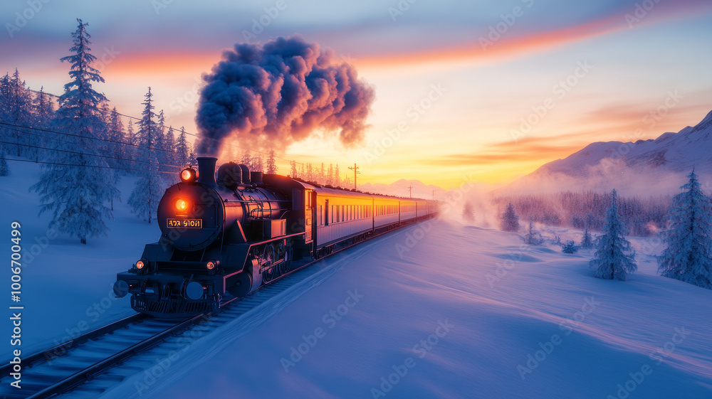 The Polar Express steams through a magical winter sunrise. The Polar Express steams through a magical winter sunrise.