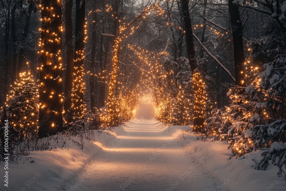 Snow falling on idyllic forest path lit with christmas lights Snow falling on idyllic forest path lit with christmas lights