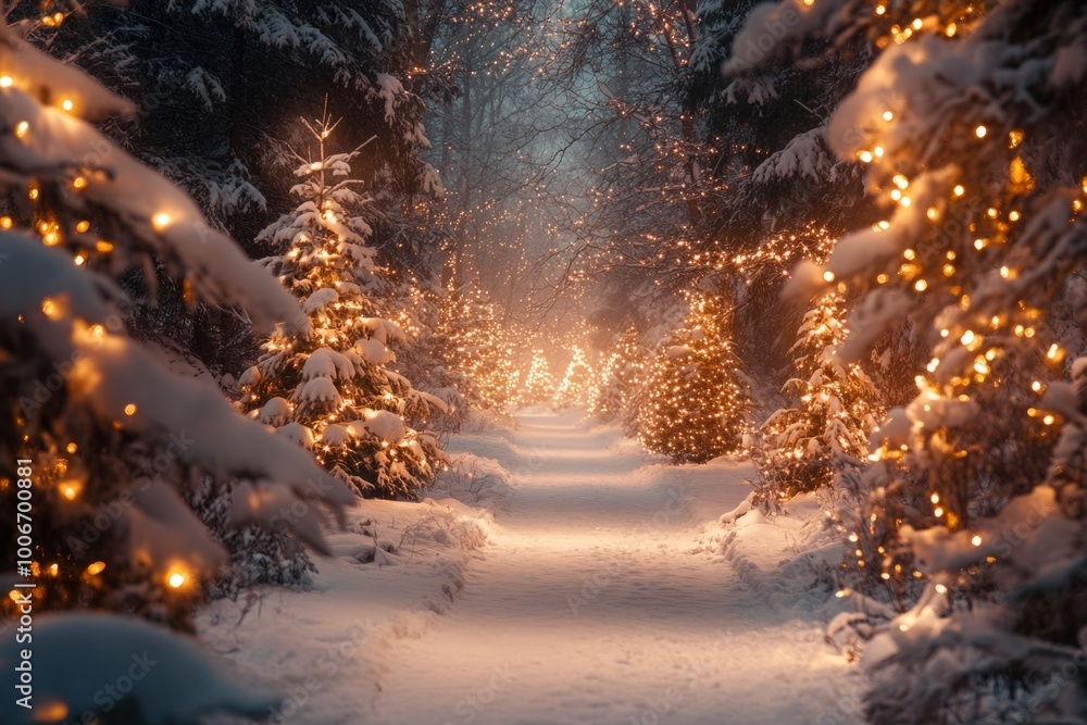 © Michael - Snow falling on idyllic forest path lit with christmas lights