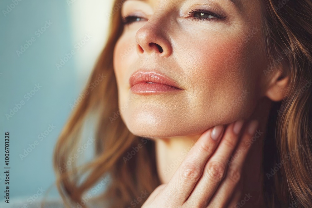 Radiant Confidence: Close-up portrait of a serene, middle-aged woman with glowing skin, subtly touching her neck, exuding natural beauty and self-assuredness. Radiant Confidence: Close-up portrait of a serene, middle-aged woman with glowing skin, subtly touching her neck, exuding natural beauty and self-assuredness.