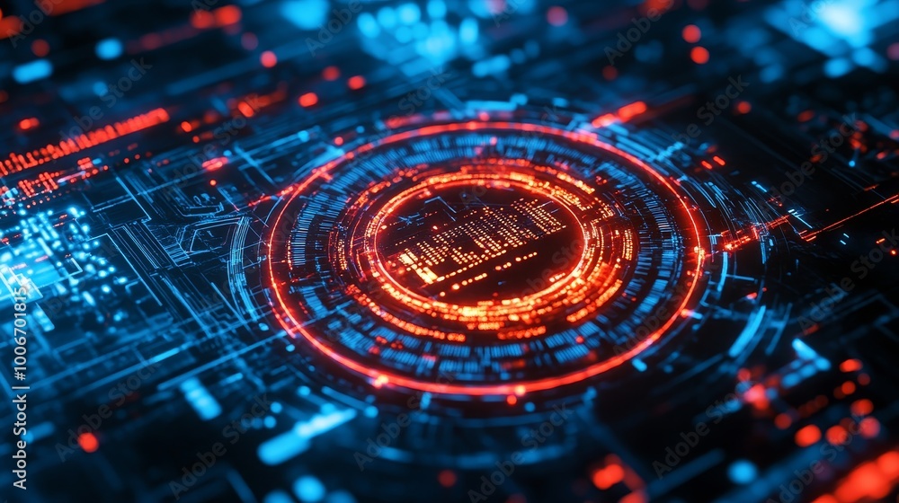 A powerful digital interface with neon red and blue elements, showcasing intricate circuit patterns and technology. A powerful digital interface with neon red and blue elements, showcasing intricate circuit patterns and technology.