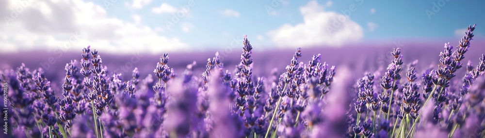Naklejka premium Close-up of purple lavender flowers in a field under a blue sky.