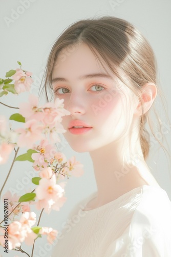 Soft Portrait of a Woman with Pink Flowers and Delicate Expression