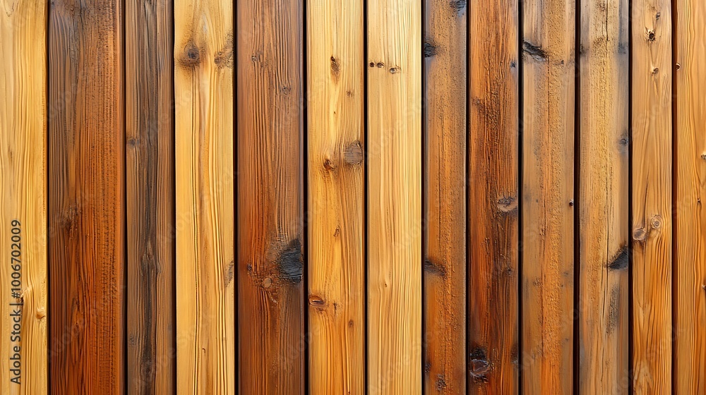 Naklejka premium Wall made of wood. Wooden panels made from slats. Texture of vertical timber lines. Modern interior design from planks. Decorative surface for the construction of fences and facades. 