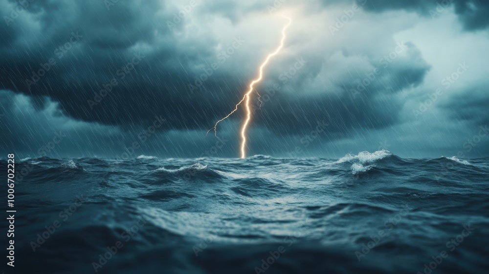 Dramatic thunderstorm over a turbulent ocean, showcasing powerful lightning strikes illuminating dark, moody clouds and crashing waves. Dramatic thunderstorm over a turbulent ocean, showcasing powerful lightning strikes illuminating dark, moody clouds and crashing waves.