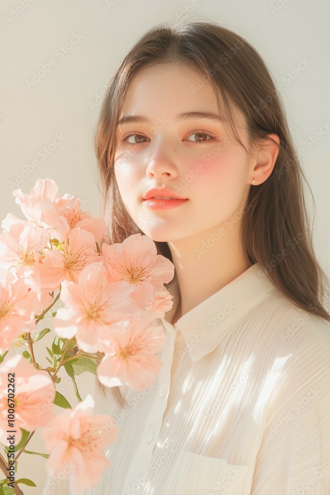 Soft Portrait of a Woman with Pink Flowers and Delicate Expression Soft Portrait of a Woman with Pink Flowers and Delicate Expression
