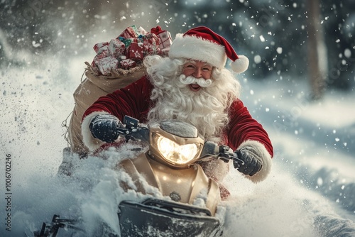 Santa claus riding snowmobile delivering christmas presents photo