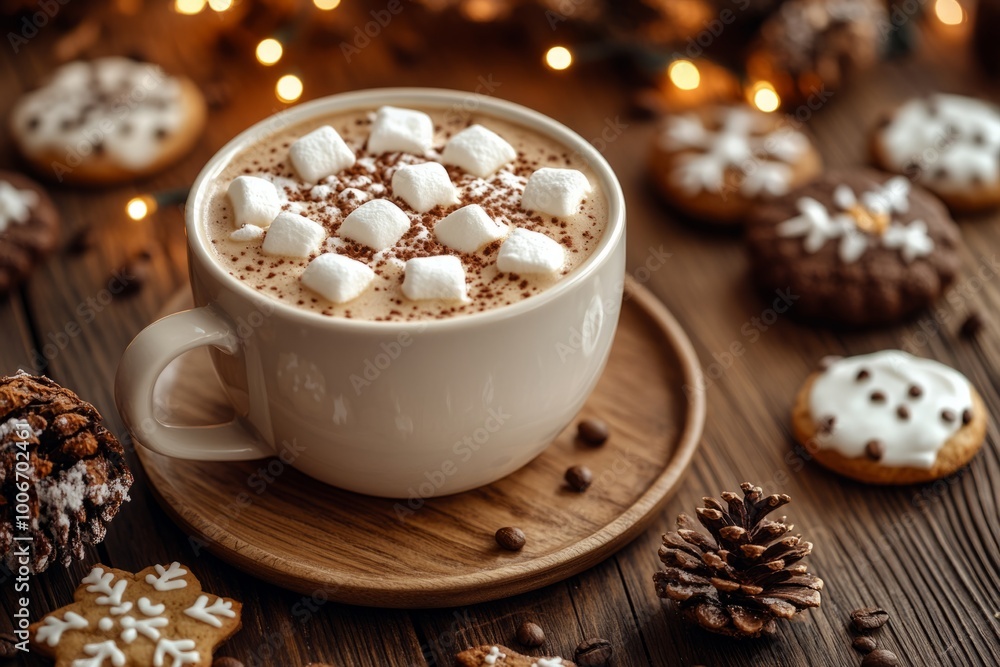 Cup of hot chocolate with marshmallows surrounded by christmas decoration on wooden table Cup of hot chocolate with marshmallows surrounded by christmas decoration on wooden table