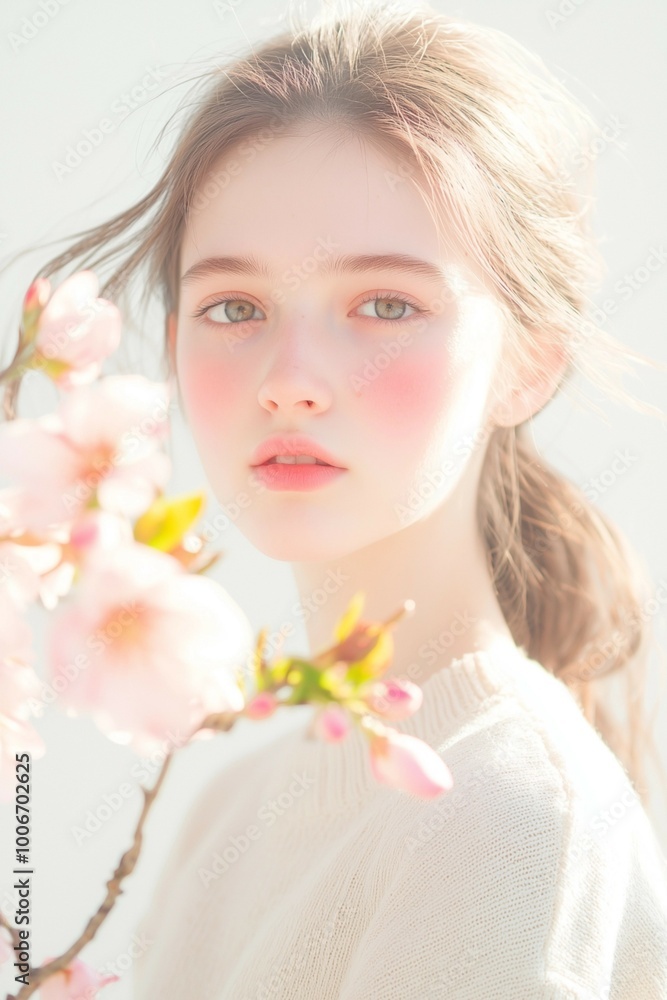 Soft Portrait of a Woman with Pink Flowers and Delicate Expression Soft Portrait of a Woman with Pink Flowers and Delicate Expression