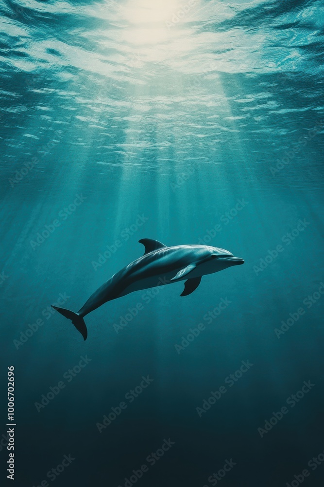 A graceful dolphin gliding through deep blue waters, illuminated by soft sunlight. An inspiring underwater scene showcasing marine beauty. A graceful dolphin gliding through deep blue waters, illuminated by soft sunlight. An inspiring underwater scene showcasing marine beauty.